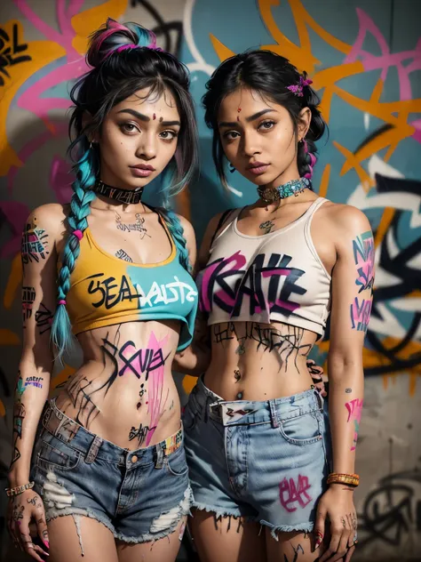 masterpiece, best quality, 2 indian girls, posing together, full sleeve blouse, denim shorts, choker, (graffiti:1.5), paint spla...