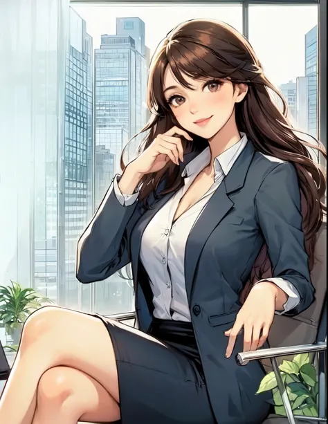 1lady sitting (crossed legs), office worker (stylish outfit), (pencil skirt), mature female, /(dark brown hair/) bangs, blush kind smile, (masterpiece best quality:1.2) delicate illustration ultra-detailed, large breasts BREAK (modern office indoors), wind...