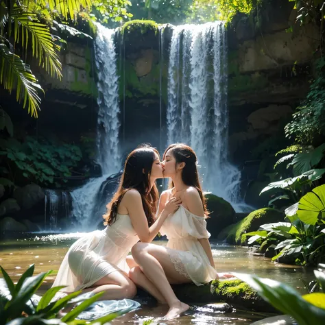 hyper realistic detail photo of people laying and romance kissing on the grass, jungle, waterfall, full color of flowers, soft light, deep focus, bokeh, soft focus, solar flare on the water, The sun is shining through the leaves, ((Sitting on top of each o...