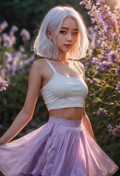 actual, 1 girl, white hair, purple eyes, glowing eyes, crop top, skirt, blush, night, flowers, sun, sunlight,