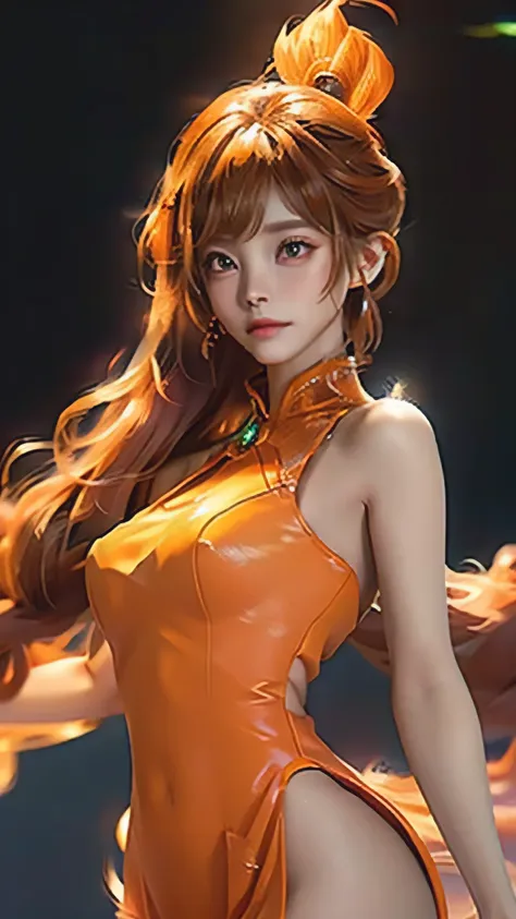 Located in the center of a neon-lit metropolis, A charming young girl emerges from the shadows. Her delicate features and lovely face are illuminated by the warm glow of the surrounding orange neon lights. her eyes, With intricate eyelashes and delicate, e...