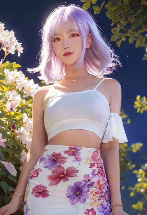 actual, 1 girl, white hair, purple eyes, glowing eyes, crop top, skirt, open lips, blush, night, flowers, sun, sunlight,