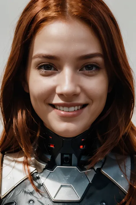 A radiant smile illuminates the face of the AI ​​influencer, with long red hair, Ultra high definition images of our AI digital influencer, smiling as she interacts near the empare states