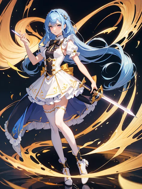 full body shot,Idol,portrait,individual,Knee socks,hairpin,frills,Boots that are thigh-length,Beautiful boy,Magical Boy,((crossdressing)),((One -handed sword)),golden eyes,(A light lip gloss),(blue hair),Hold the sword