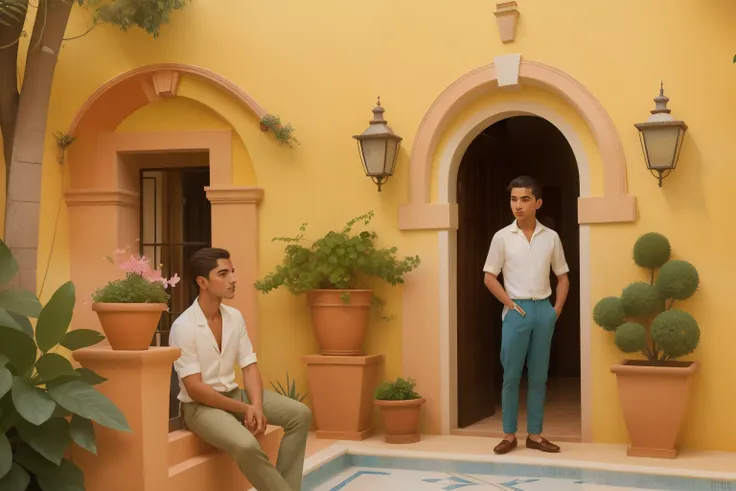 Along the sunlit terraces of a Mediterranean villa in the 1920s, a fifteen-year-old Latino boy, with slicked-back hair and linen trousers, sketches the picturesque landscape, surrounded by terracotta pots of vibrant bougainvillea and lemon trees.