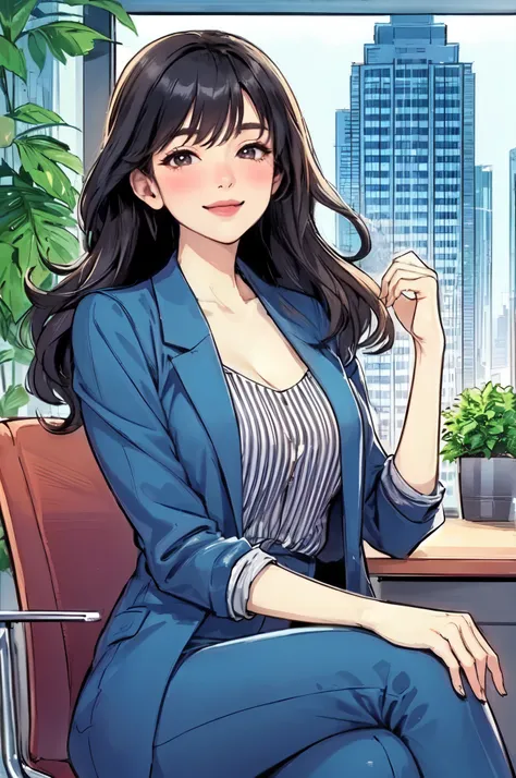 1lady sitting (crossed legs), office worker (stylish outfit), mature female, /(black hair/) bangs, blush kind smile, (masterpiece best quality:1.2) delicate illustration ultra-detailed, large breasts BREAK (modern office indoors), window cityscape, detaile...