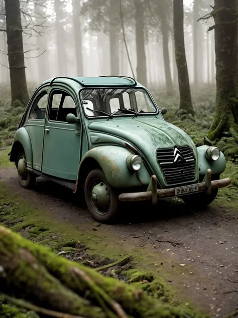 A haunting image of a decaying green citroen 2CV, its partially decayed remains covered in moss and lichen. The large, twisted, leaf-shaped structures beneath the insect resemble twisted rope, and the surrounding forest is bathed in a warm, golden light. T...