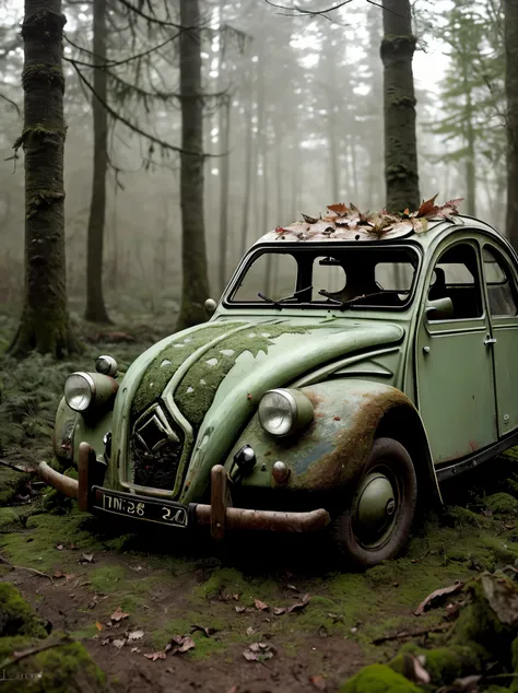 A haunting image of a decaying green citroen 2CV, its partially decayed remains covered in moss and lichen. The large, twisted, leaf-shaped structures beneath the insect resemble twisted rope, and the surrounding forest is bathed in a warm, golden light. T...