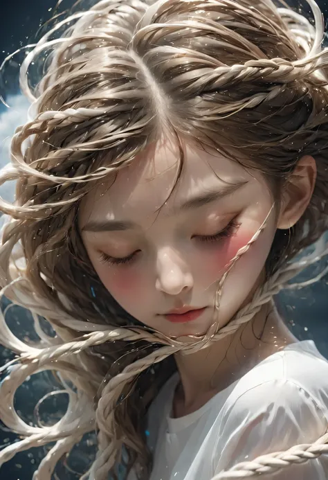 Her face seemed to be shrouded in dark clouds，There is deep sadness in the eyes，As if carrying endless pain。Brow furrowed，Tie a knot that cannot be untied，Revealing inner struggle and helplessness。Tears fell down my cheeks，Silently telling the heavy sorrow...