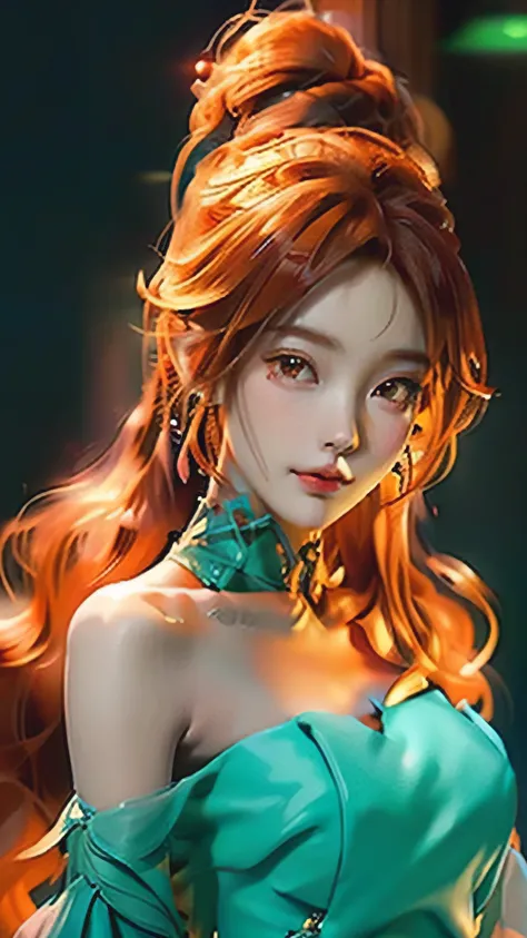 Located in the center of a neon-lit metropolis, A charming young girl emerges from the shadows. Her delicate features and lovely face are illuminated by the warm glow of the surrounding orange neon lights. her eyes, With intricate eyelashes and delicate, e...