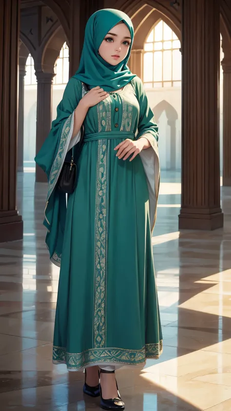 ((Best quality, 8k, Masterpiece :1. 3)), Sharp focus :1. 2, A pretty woman perfect figure :1. 4, (Wet thin button up long dress :1. 1), (light, mosque:1. 2), Highly detailed face, Detailed eyes, Double eyelid. headscarves, wear long headscarves covering fu...