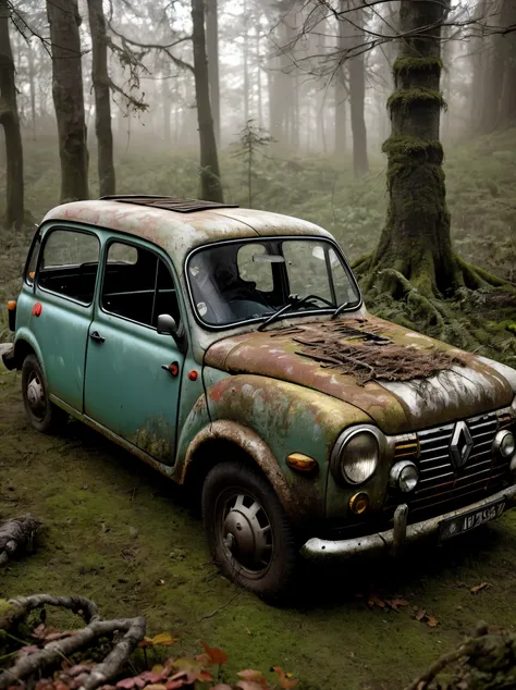 A haunting image of a decaying grey Renault 4L, its partially decayed remains covered in moss and lichen. The large, twisted, leaf-shaped structures beneath the insect resemble twisted rope, and the surrounding forest is bathed in a warm, golden light. The...