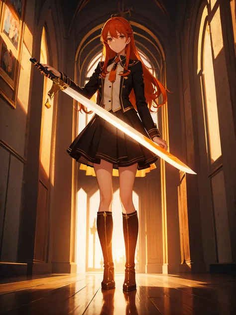 full body shot,Idol,portrait,individual,Knee socks,Boots that are thigh-length,Beautiful boy,Magical Boy,((crossdressing)),((Holding the holy sword)),brown eyes,),(Orange hair),mature face