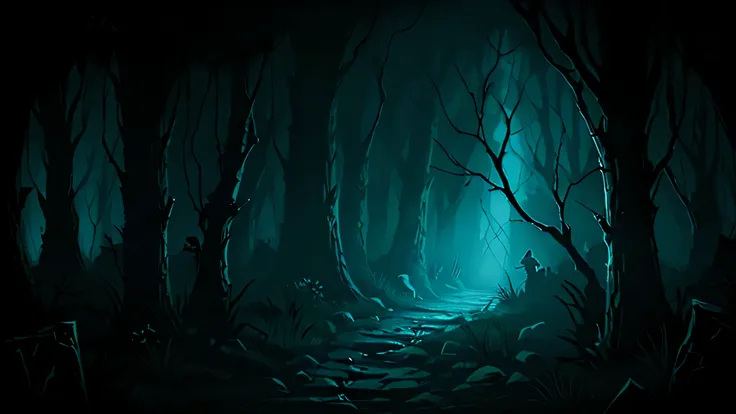 darkest dungeon art style, forest, torch light, dark