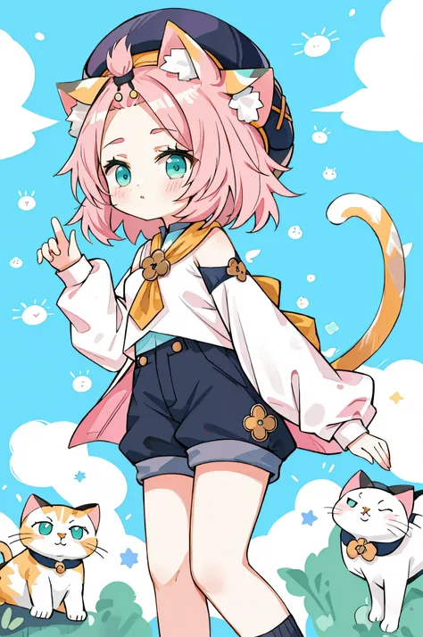 1 girl solo, pink hair, cat ears, cat tail, white shirt, teal eyes, black shorts, dark blue hat, cats and kittens, cute, kawaii