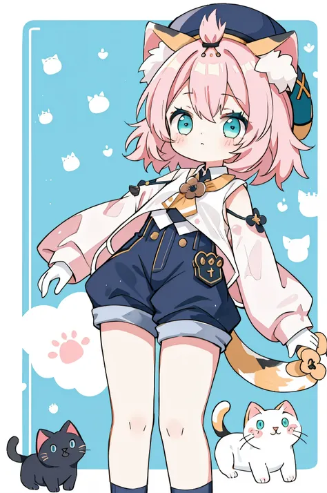 1 girl solo, pink hair, cat ears, cat tail, white shirt, teal eyes, black shorts, dark blue hat, cats and kittens, cute, kawaii