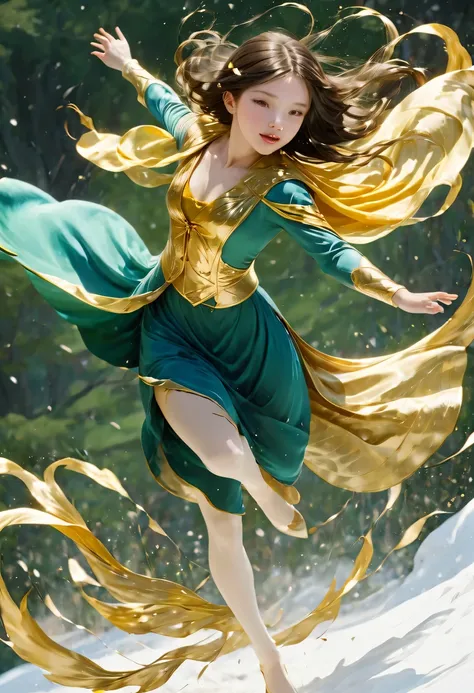 masterpiece, best quality, actual, (1 girl: 1.3), blue gold white clothes, Long hair with a shawl, jump, leap, dance, green gold white clothes, long skirt, long scarf, flowing, Light Armor, snow white skin, bare shoulders, whole body, (from below:1.5), mar...