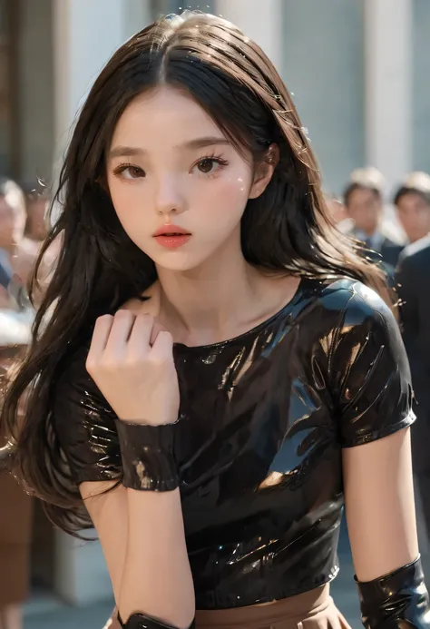 photoactual, lip gloss, actual, best quality, ultra high resolution, depth, pastel colors, natural shadow, focus on face, just faces, looking at the audience, long hair, black hair, brown and delicate eyes, black skirt, Gloves, anatomically correct