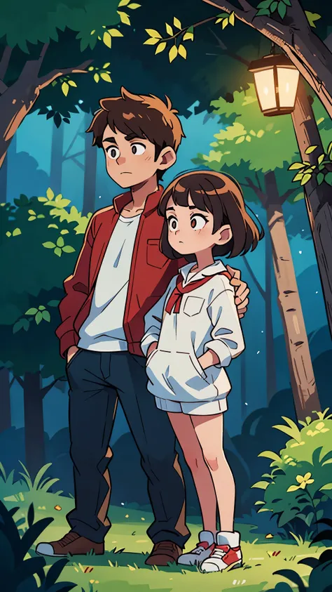 1 brunette haired female , 1 brunette haired male, white clothes, night time , forest, hands in the pocket 