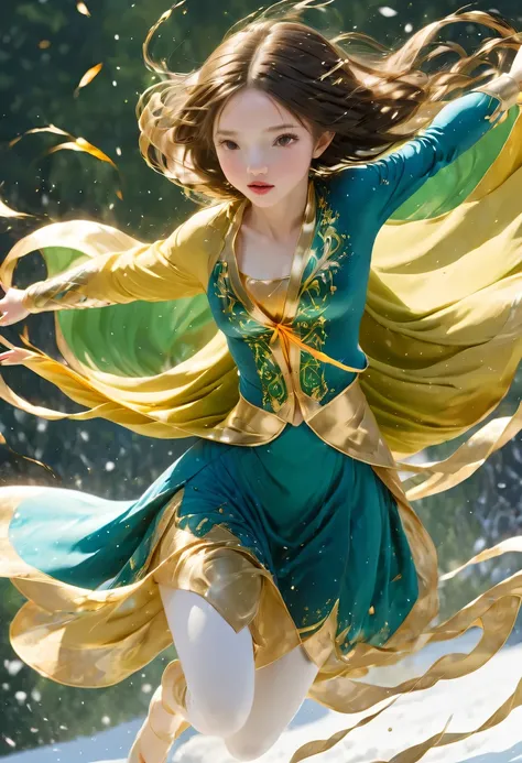 masterpiece, best quality, actual, (1 girl: 1.3), blue gold white clothes, Long hair with a shawl, jump, leap, dance, green gold white clothes, long skirt, long scarf, flowing, Light Armor, snow white skin, bare shoulders, whole body, (from below:1.5), mar...