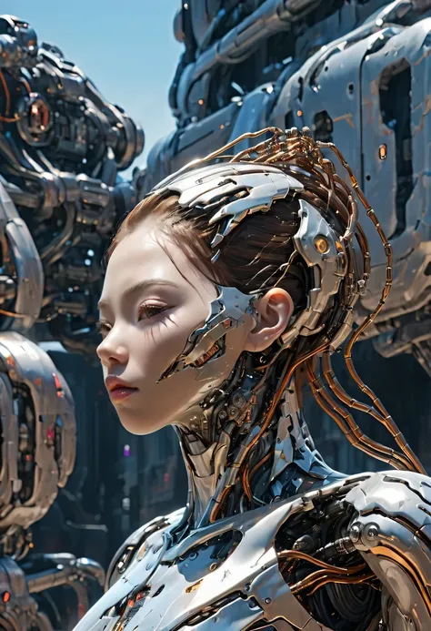 original photography, super detailed, girl, Cybernetics neck, (cyborg: 1.5), A ruined city block in the background, Vibrant details, Luxury Cyberpunk, Surrealism, anatomically co, elegant, 8k, best quality, masterpiece, Very detailed, (actual, lifelike: 1....