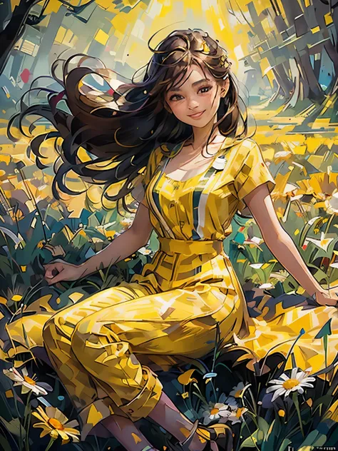 full body photo ,masterpiece: 1.2, best quality, 1girl, field of daisy, vibrant, (happy:1.4),colorful details,ultra detailed,det...