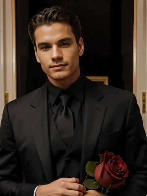 man in black suit has a rose in his hand