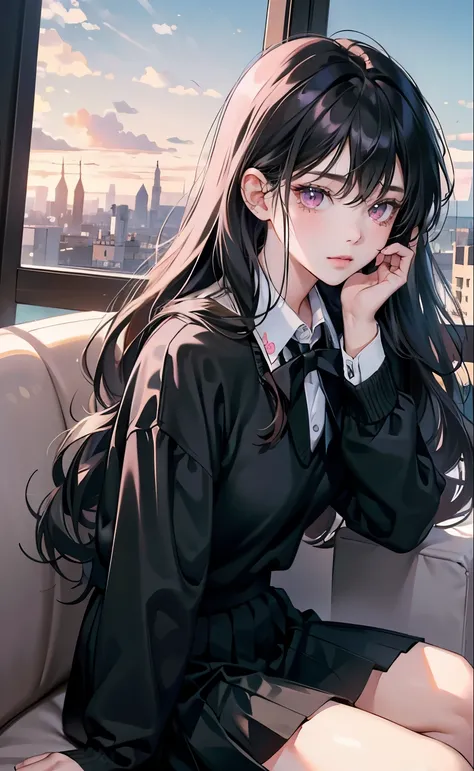 (8k, best quality, masterpiece),girl，Bangs，black tie，long black hair，wavy_hairs，Black Sweater，skirt，pink eyes，Corner，Sky，sitting，looking at the audience，Future world loneliness