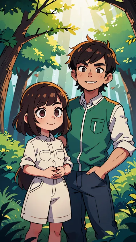 1 brunette haired female , 1 brunette haired male, white clothes, night time , forest, hands in the pocket , smiling 