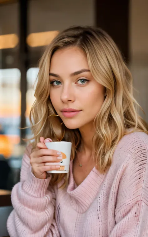 beautiful blonde wearing pink sweater (sipping coffee inside a modern café at sunset), very detailed, 21 years old, innocent face, natural wavy hair, blue eyes, high resolution, masterpiece, best quality, intricate details, highly detailed, sharp focus, de...