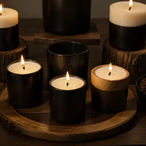 Detalle de unas velas que hay sobre una mesa de madera, The candles are on top of oval black ceramic containers with abstract drawings..