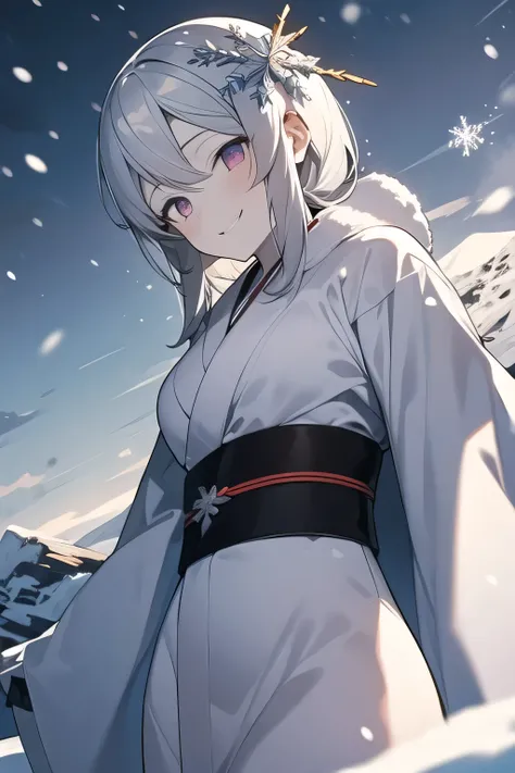 masterpiece, Super detailed, highest quality, Beautiful Snow Woman, silver hair, (white skin:1.2), naked white kimono, evil smile, snowflakes on the head, in mountain, (Blizzard), The wind is blowing, dutch angle