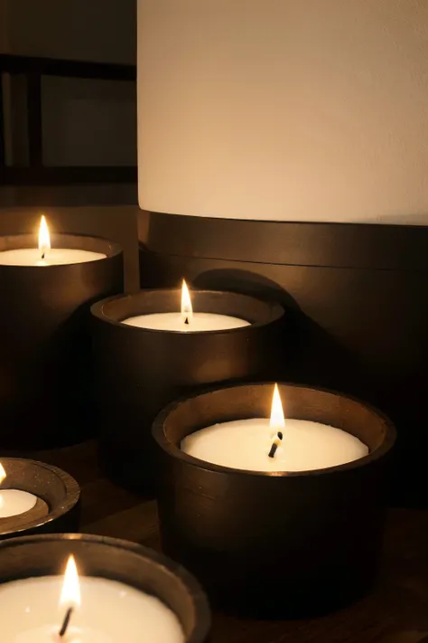 Detalle de unas velas que hay sobre una mesa de madera, The candles are on top of oval black ceramic containers with abstract drawings. La escena no esta subexpuesta