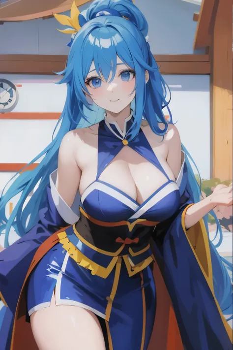 Chica anime con cabello azul y ojos azules con un traje rojo., aqua from Konosuba, Konosuba, Konosuba anime style, chica anime seductora, anime moe art style, from sengoku period, beautiful alluring mujer anime, onmyoji, mujer anime, Diosa del anime, [32k ...