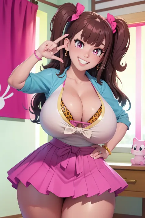 big lips, dark brown hair, pink eyes, japanese face, gyaru, two side up, huge breasts, wide hips, sexy, pink theme, kawaii, deta...