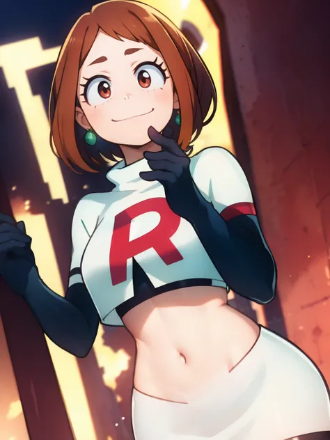 ochaco_uraraka, glossy lips, earings ,team rocket uniform, red letter R, white skirt,white crop top,black thigh-high boots, black elbow gloves, closed mouth, kind smile, embarrassed, blushing