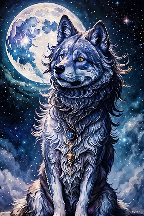 a mesmerizing celestial-themed tattoo art featuring a cosmic wolf howling at the moon, the fur adorned with constellations, surr...