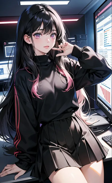 (8k, best quality, masterpiece),girl，Bangs，long black hair，wavy_hairs，Black Sweater，skirt，pink eyes，
Turn on the computer, science fiction computer, blue light，Sky，I only have 1,500 star coins left in my optical brain account，This is my only wealth after r...