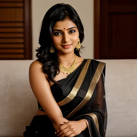 Cute 30 year indianwoman, brown eyes, black hair, highly detailed  wearing saree