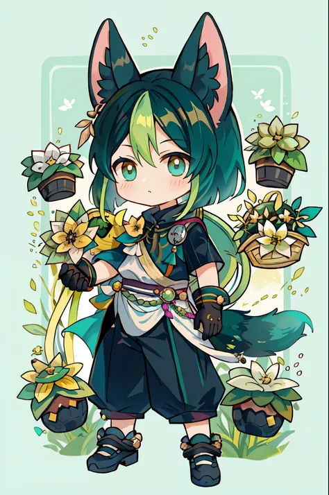 1 male chibi boy solo, ((chibi)), black and green hair, teal eyes, animal ears, animal tail, tighnari genshin impact, white and ...