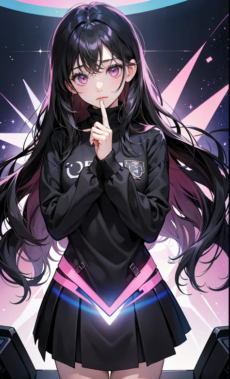 (8k, best quality, masterpiece),girl，Bangs，long black hair，wavy_hairs，Black Sweater，skirt，pink eyes，
Turn on the computer, science fiction computer, blue light，Sky，I only have 1,500 star coins left in my optical brain account，This is my only wealth after r...