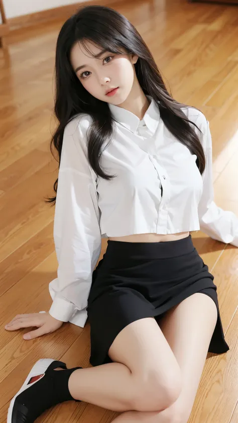 black，white shirt with hip wrap skirt，black长发美女孕妇倒在木屋里面，lie on the floor