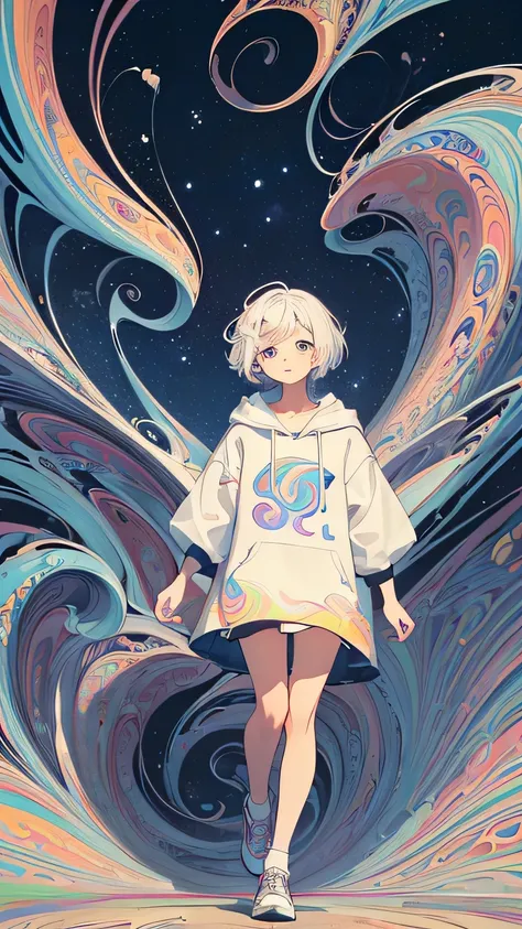 ((masterpiece)),((best quality)),((on street)),((in city)),((buildings)),(colorful swirl background:1.4),weird background,(beautiful background),Van Gogh style background,(girl in front:1.5), white hair, short hair, black hoodie,(dreamy psychedelic:1.4)