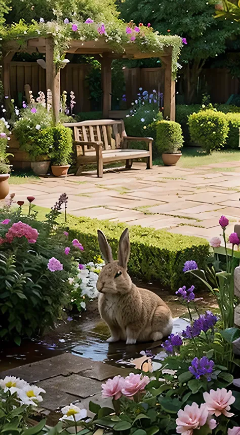 large garden, rabbit, mysterious flower, leaky