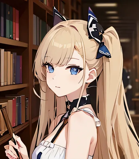 anime girl with long blonde hair and blue bow in a library, azur lane style, from the azur lane videogame, anime moe artstyle, characters from azur lane, fine details. girls frontline, shikamimi, lolish, splash art anime loli, from girls frontline, seducti...