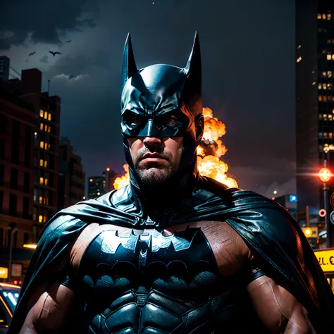 batfleck ben-affleck batman in the rain on a city street at night, from movie batman, film still of batman, in batman movie stil...