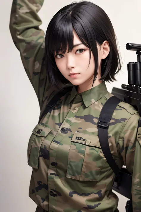 a strong female Russo-Japanese soldier in an urban camo uniform, stretching her arms above her head, with shoulder-length black hair, looking intimidating and smirking, with a shotgun on her back