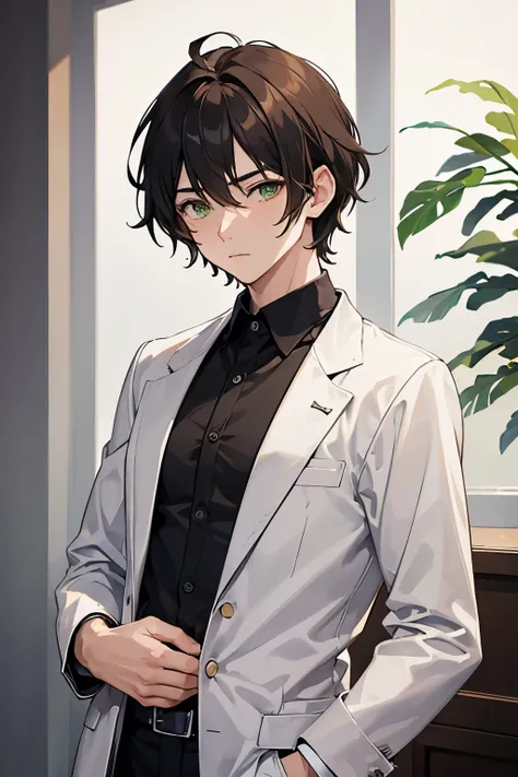 (masterpiece:1.3), best quality, official art, 1boy, upper body, stading, looking blank, dark brown messy hair, green eyes, medium build, white shirt