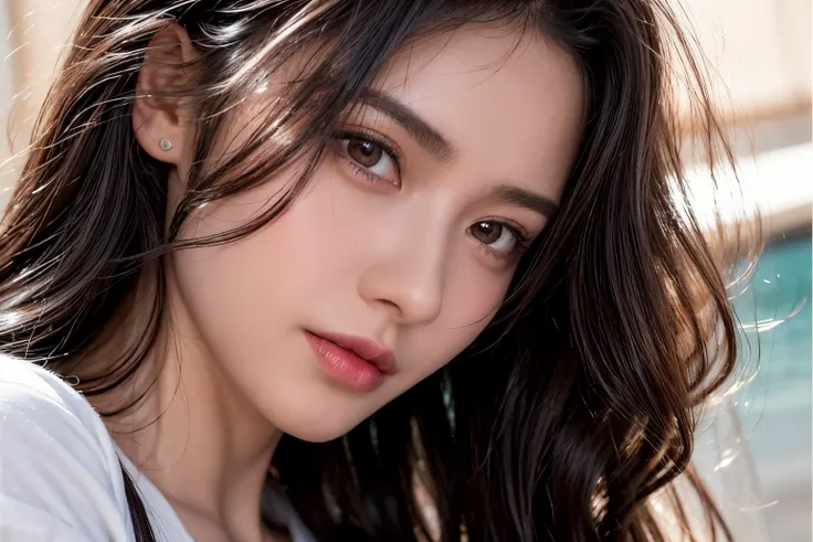 top-quality、hight resolution、​masterpiece:1, pretty woman, messy long black hair styled in loose waves, olhos castanhos, olho detalhado, feliz, lips, rostos detalhados limpos, roupas intracate, white shirt, sombras brilhantes, gradiente bonito, profundidad...