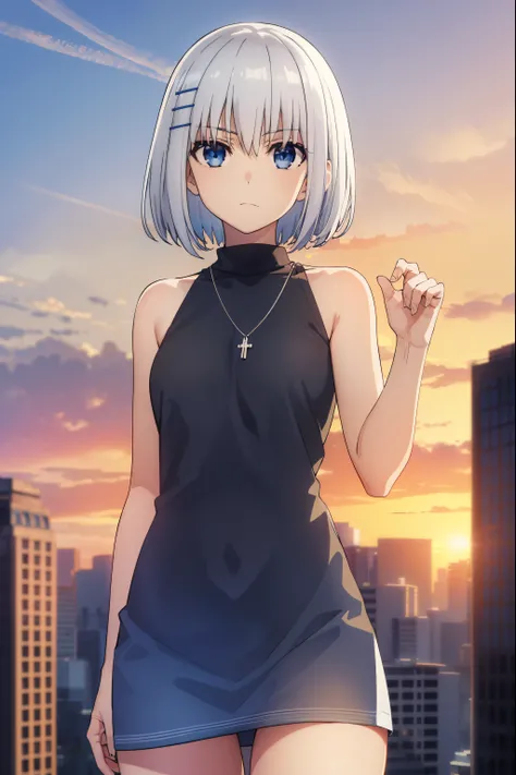 origamitobiichi, origami tobiichi casual, short hair, blue eyes, hair ornament, bare shoulders, jewelry, white hair, sleeveless, hairclip, necklace, turtleneck, sleeveless turtleneck, strap between breasts, white dress,
BREAK ,
BREAK outdoors, sky, blue sk...